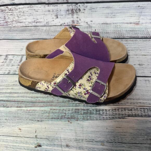 Birkenstock Purple Floral Two Strap Sandals Cork Footbed Size 6 37 - Picture 2 of 4